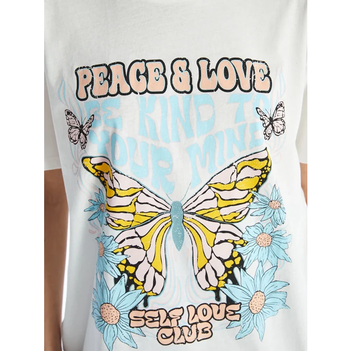 XSIDE Ekru Bisiklet Yaka Baskılı Kısa Kollu Kadın Tişört