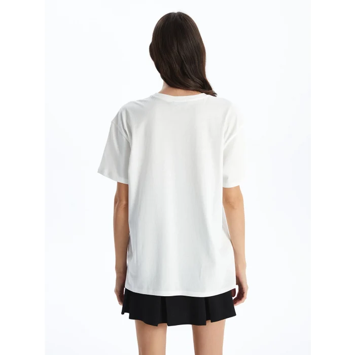 XSIDE Ekru Bisiklet Yaka Baskılı Kısa Kollu Kadın Tişört