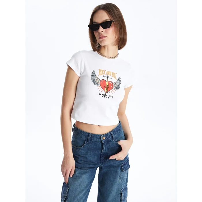 XSIDE Ekru Bisiklet Yaka Baskılı Kısa Kollu Crop Kadın Tişört