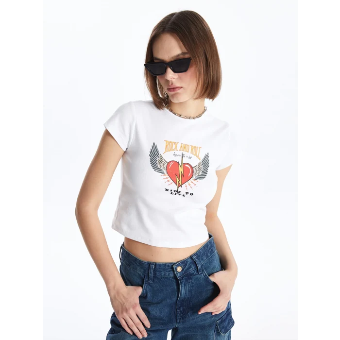 XSIDE Ekru Bisiklet Yaka Baskılı Kısa Kollu Crop Kadın Tişört