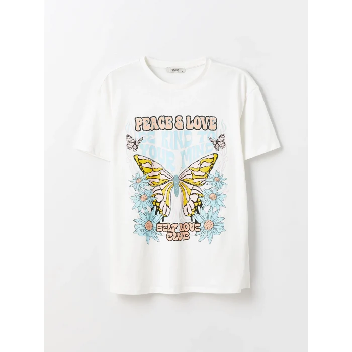 XSIDE Ekru Bisiklet Yaka Baskılı Kısa Kollu Kadın Tişört