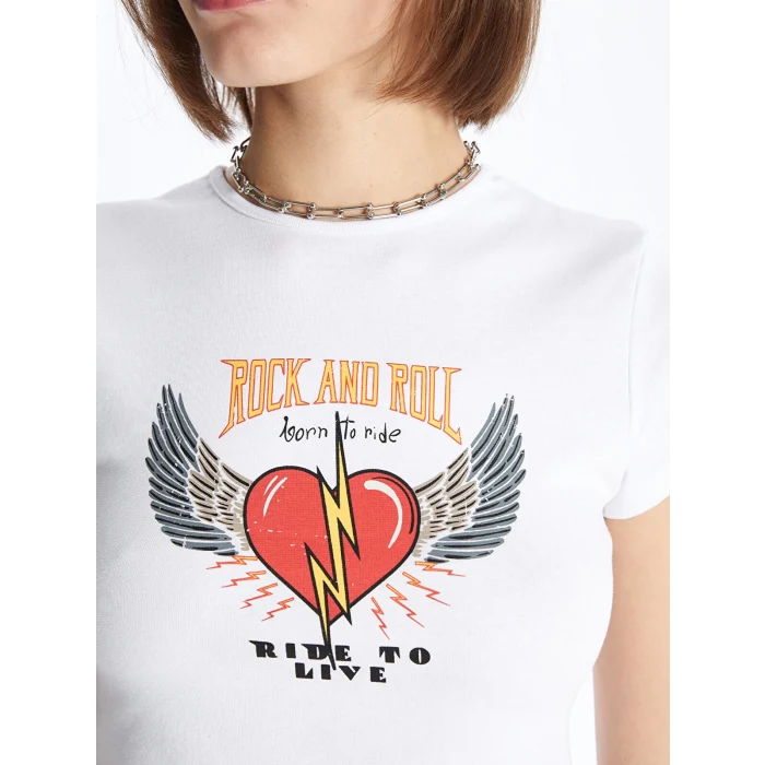 XSIDE Ekru Bisiklet Yaka Baskılı Kısa Kollu Crop Kadın Tişört