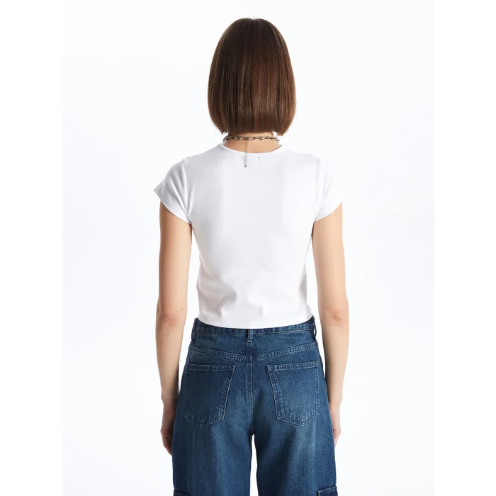 XSIDE Ekru Bisiklet Yaka Baskılı Kısa Kollu Crop Kadın Tişört