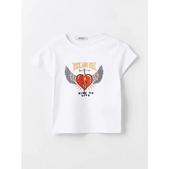 XSIDE Ekru Bisiklet Yaka Baskılı Kısa Kollu Crop Kadın Tişört