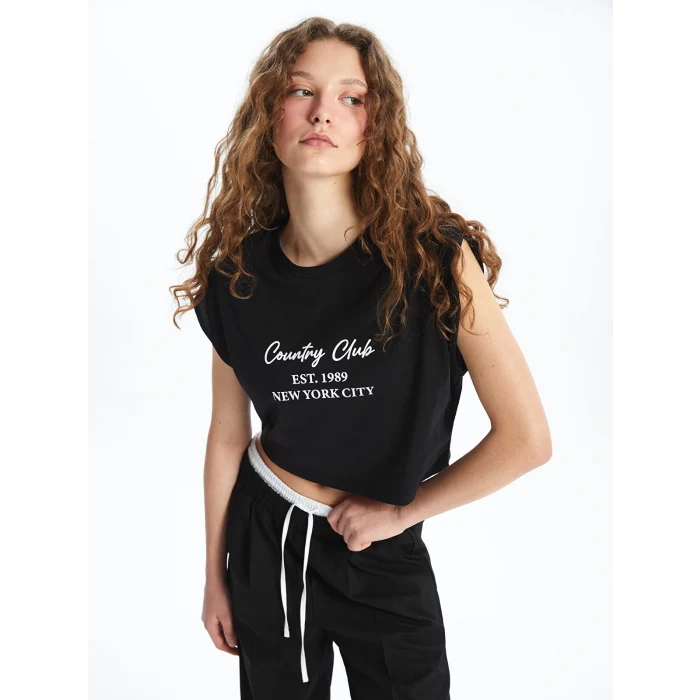 XSIDE Siyah Bisiklet Yaka Baskılı Kadın Crop