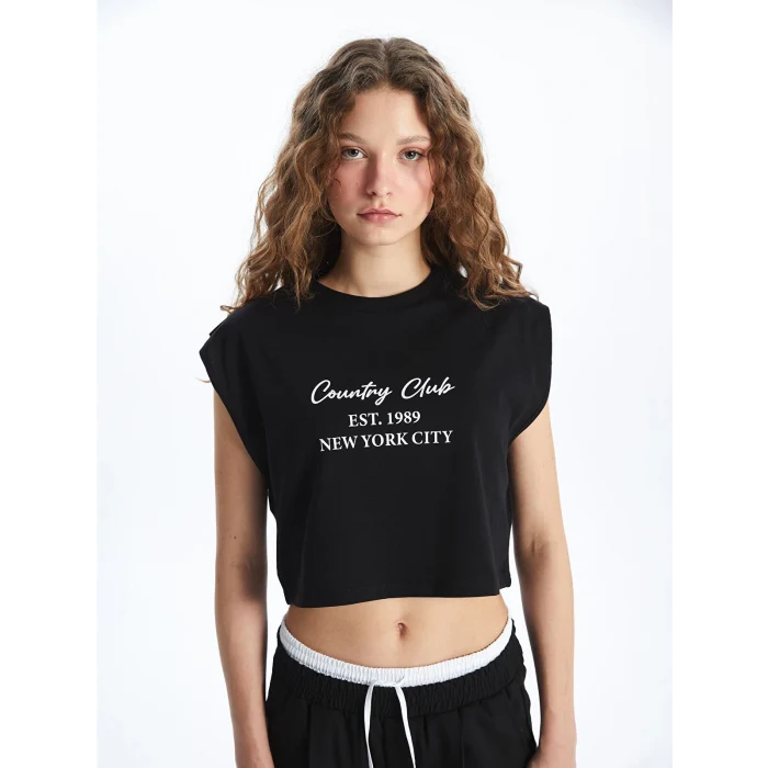 XSIDE Siyah Bisiklet Yaka Baskılı Kadın Crop