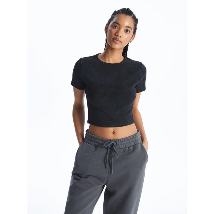 XSIDE Antrasit Bisiklet Yaka Düz Kısa Kollu Kadın Crop