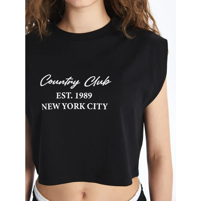 XSIDE Siyah Bisiklet Yaka Baskılı Kadın Crop