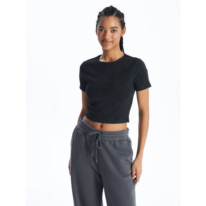 XSIDE Antrasit Bisiklet Yaka Düz Kısa Kollu Kadın Crop