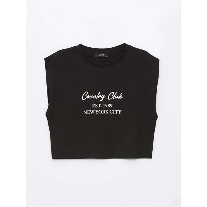 XSIDE Siyah Bisiklet Yaka Baskılı Kadın Crop