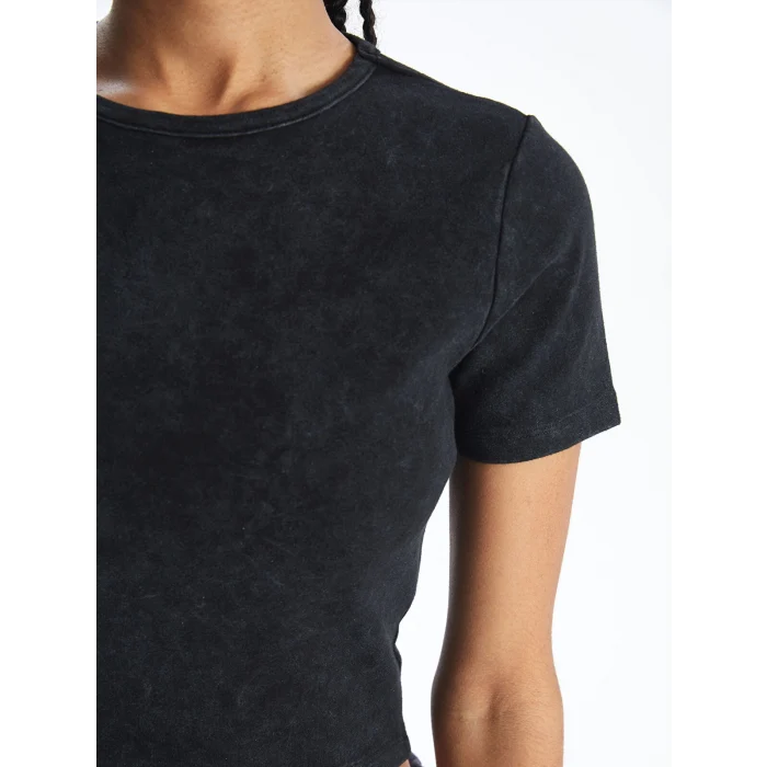 XSIDE Antrasit Bisiklet Yaka Düz Kısa Kollu Kadın Crop