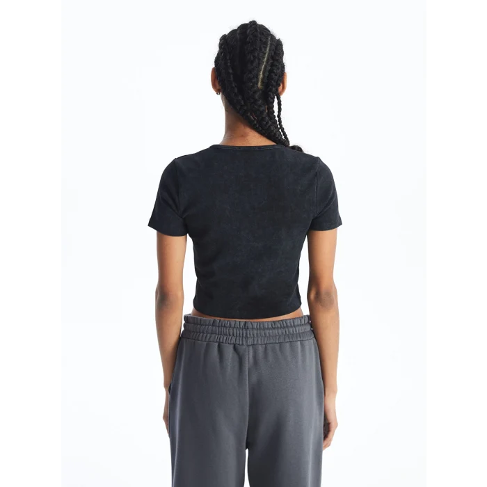 XSIDE Antrasit Bisiklet Yaka Düz Kısa Kollu Kadın Crop