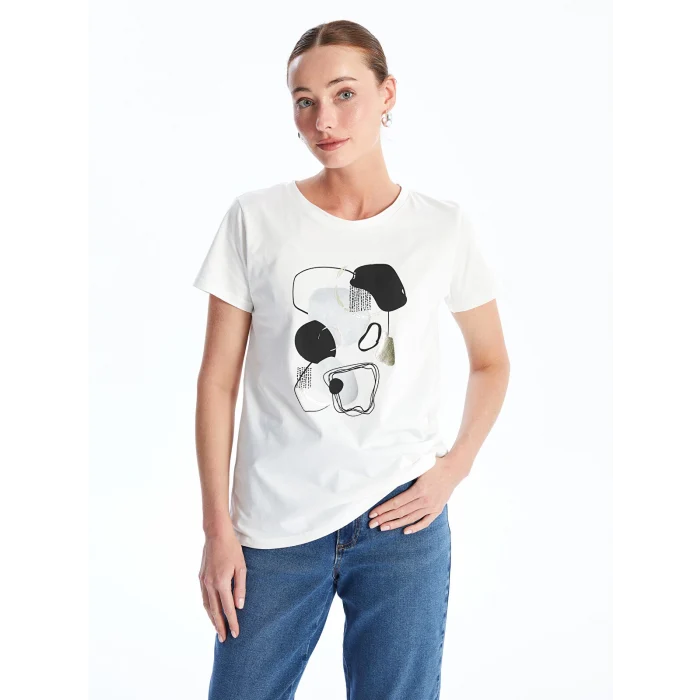 LCWAIKIKI Basic Ekru Bisiklet Yaka Baskılı Kısa Kollu Kadın Tişört