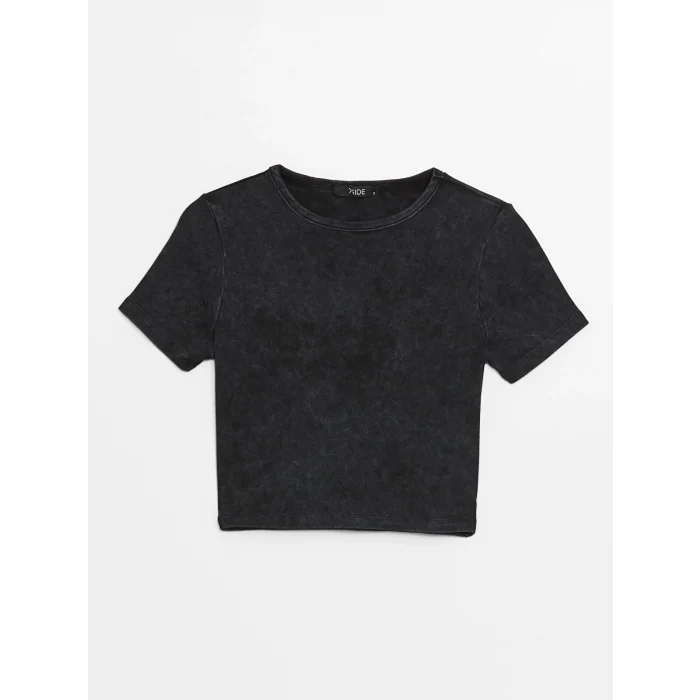 XSIDE Antrasit Bisiklet Yaka Düz Kısa Kollu Kadın Crop