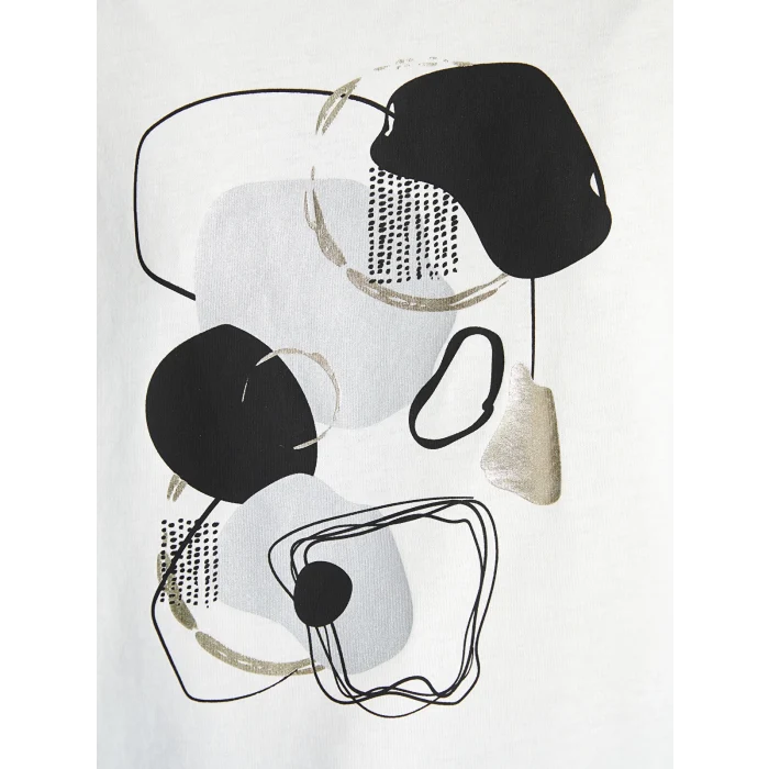 LCWAIKIKI Basic Ekru Bisiklet Yaka Baskılı Kısa Kollu Kadın Tişört