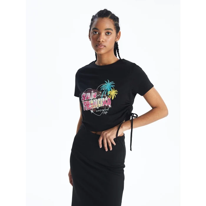 XSIDE Siyah Bisiklet Yaka Baskılı Kısa Kollu Kadın Crop