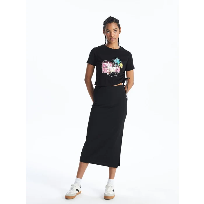 XSIDE Siyah Bisiklet Yaka Baskılı Kısa Kollu Kadın Crop