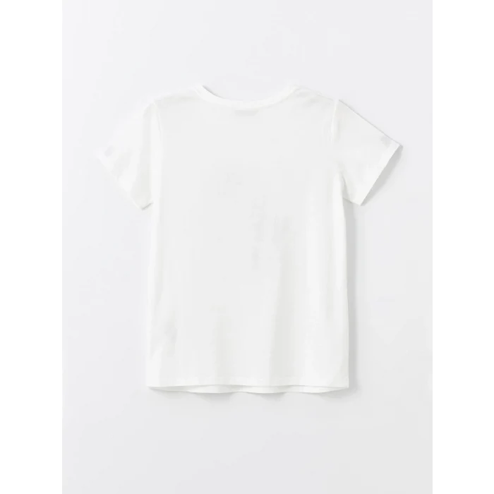 LCWAIKIKI Basic Ekru Bisiklet Yaka Baskılı Kısa Kollu Kadın Tişört