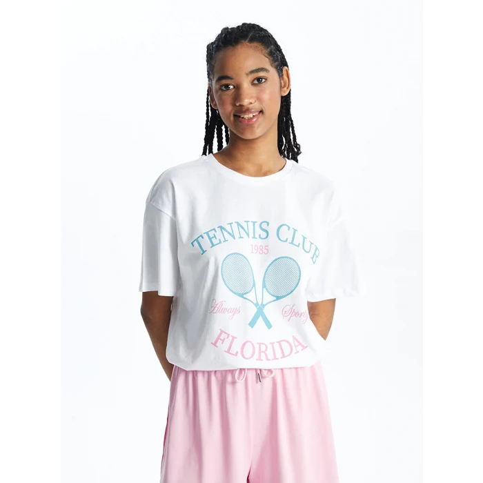 XSIDE ACTIVE Beyaz Bisiklet Yaka Baskılı Kısa Kollu Kadın Tişört