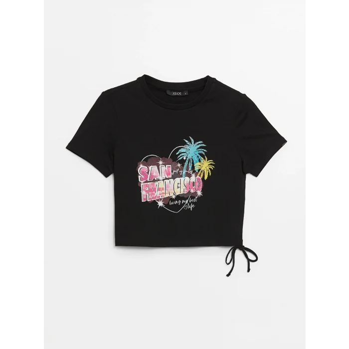 XSIDE Siyah Bisiklet Yaka Baskılı Kısa Kollu Kadın Crop