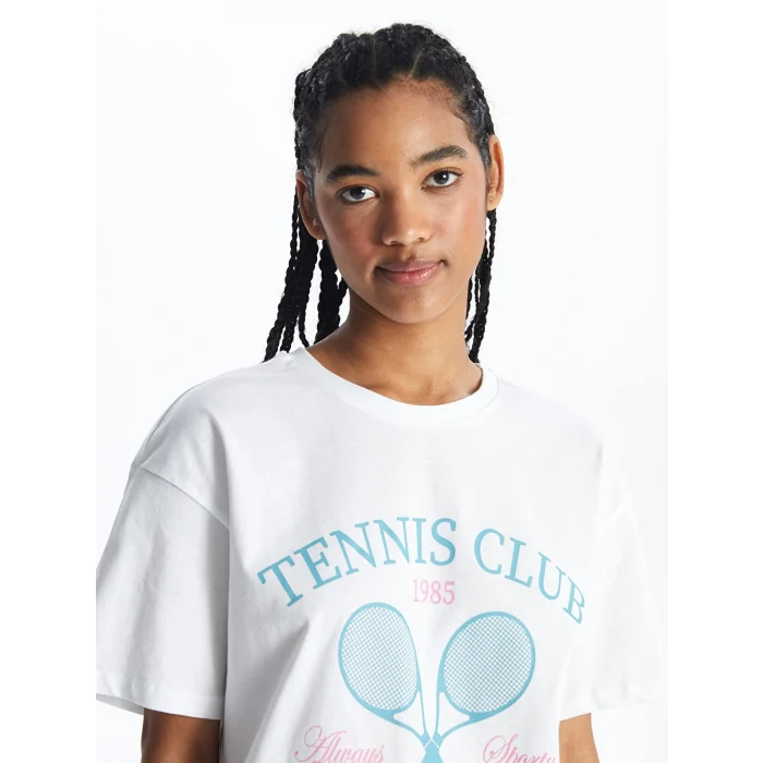 XSIDE ACTIVE Beyaz Bisiklet Yaka Baskılı Kısa Kollu Kadın Tişört