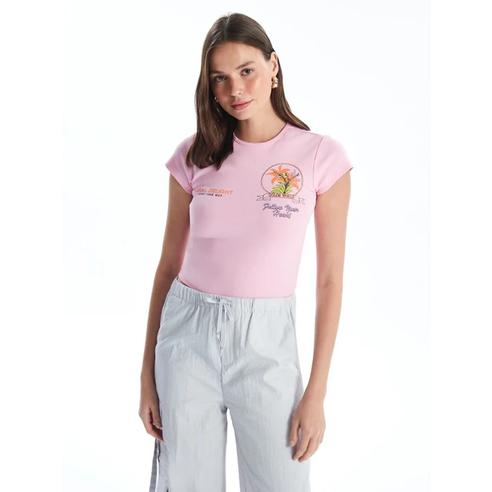 XSIDE Pembe Bisiklet Yaka Baskılı Kısa Kollu Kadın Crop