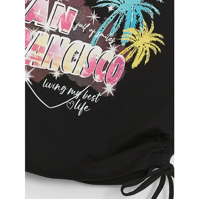 XSIDE Siyah Bisiklet Yaka Baskılı Kısa Kollu Kadın Crop