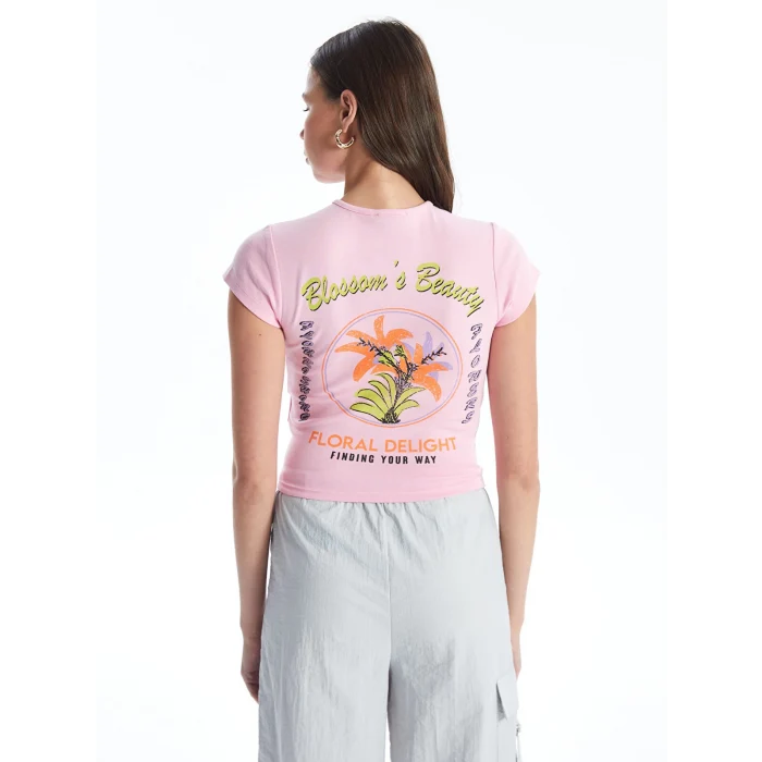 XSIDE Pembe Bisiklet Yaka Baskılı Kısa Kollu Kadın Crop