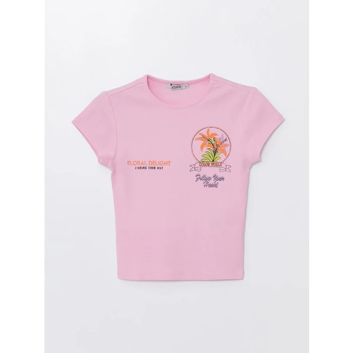 XSIDE Pembe Bisiklet Yaka Baskılı Kısa Kollu Kadın Crop