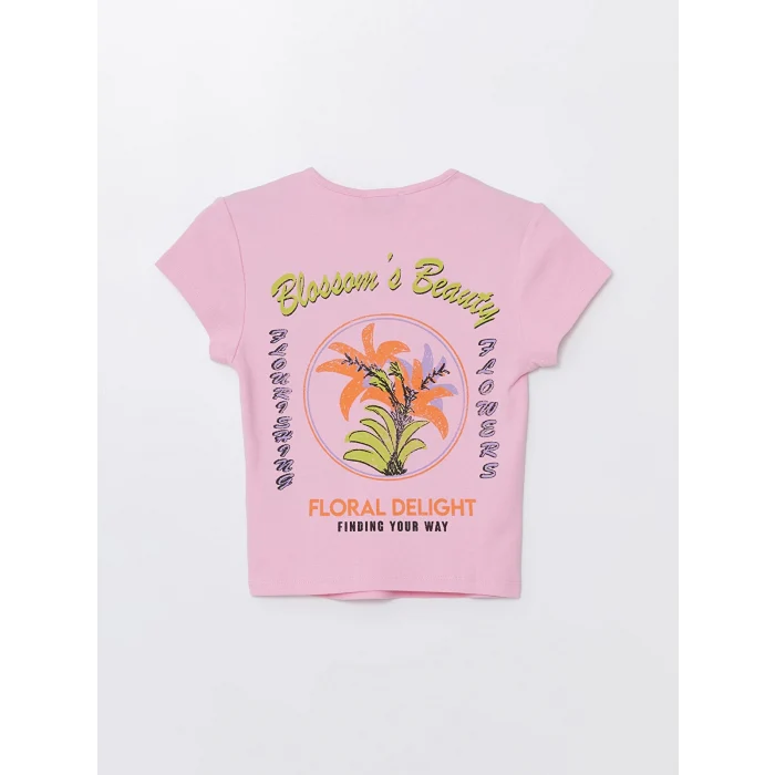 XSIDE Pembe Bisiklet Yaka Baskılı Kısa Kollu Kadın Crop