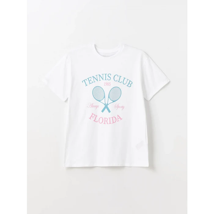 XSIDE ACTIVE Beyaz Bisiklet Yaka Baskılı Kısa Kollu Kadın Tişört