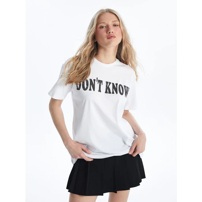 XSIDE Beyaz Bisiklet Yaka Baskılı Kısa Kollu Kadın Tişört