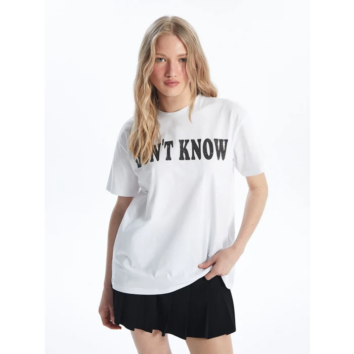 XSIDE Beyaz Bisiklet Yaka Baskılı Kısa Kollu Kadın Tişört