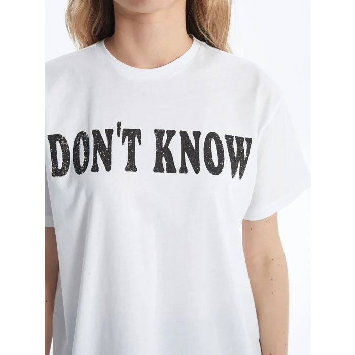 XSIDE Beyaz Bisiklet Yaka Baskılı Kısa Kollu Kadın Tişört