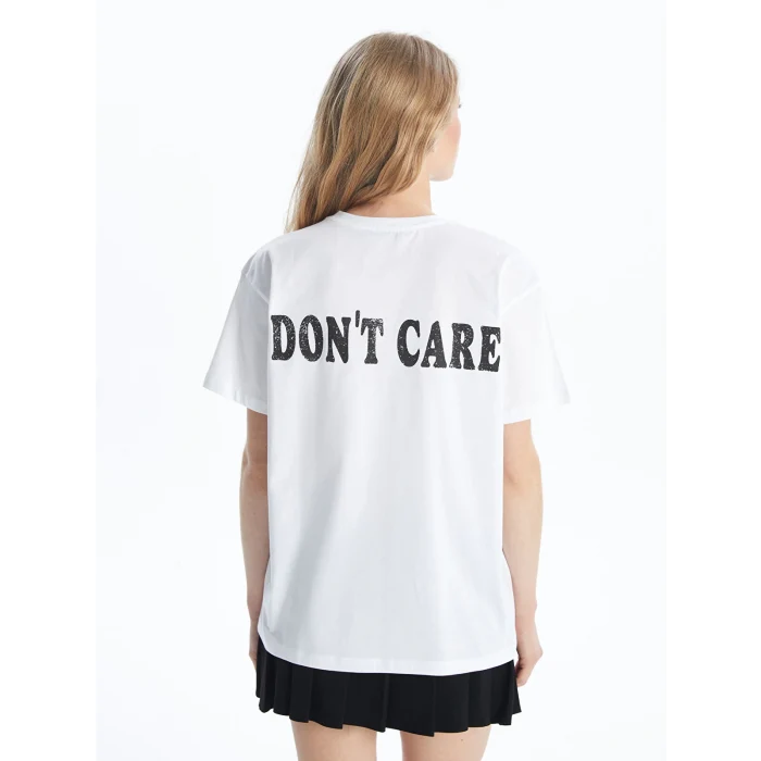 XSIDE Beyaz Bisiklet Yaka Baskılı Kısa Kollu Kadın Tişört