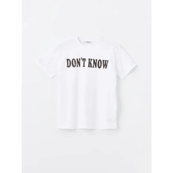 XSIDE Beyaz Bisiklet Yaka Baskılı Kısa Kollu Kadın Tişört