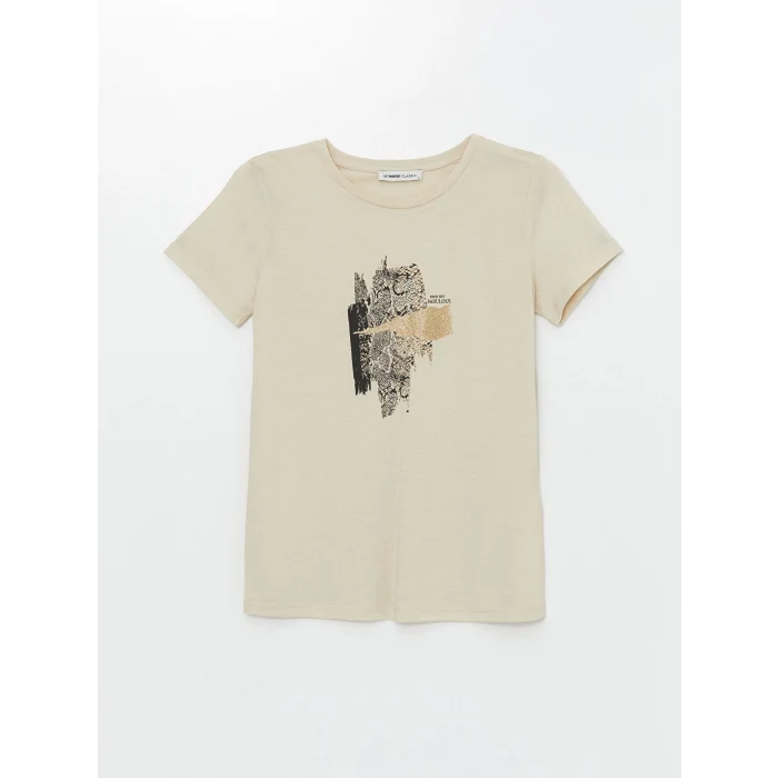 LCWAIKIKI Classic Bej Bisiklet Yaka Baskılı Kısa Kollu Kadın Tişört