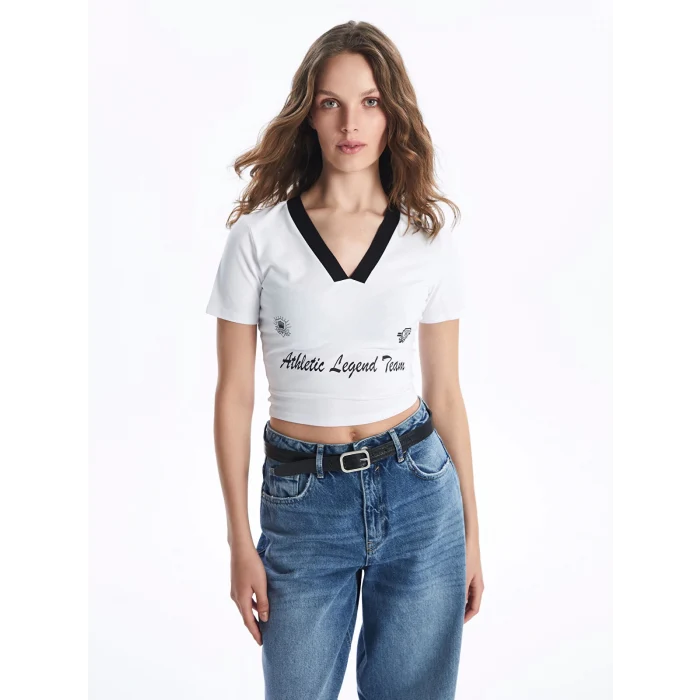 LCW Vision Beyaz V Yaka Baskılı Kısa Kollu Kadın Crop