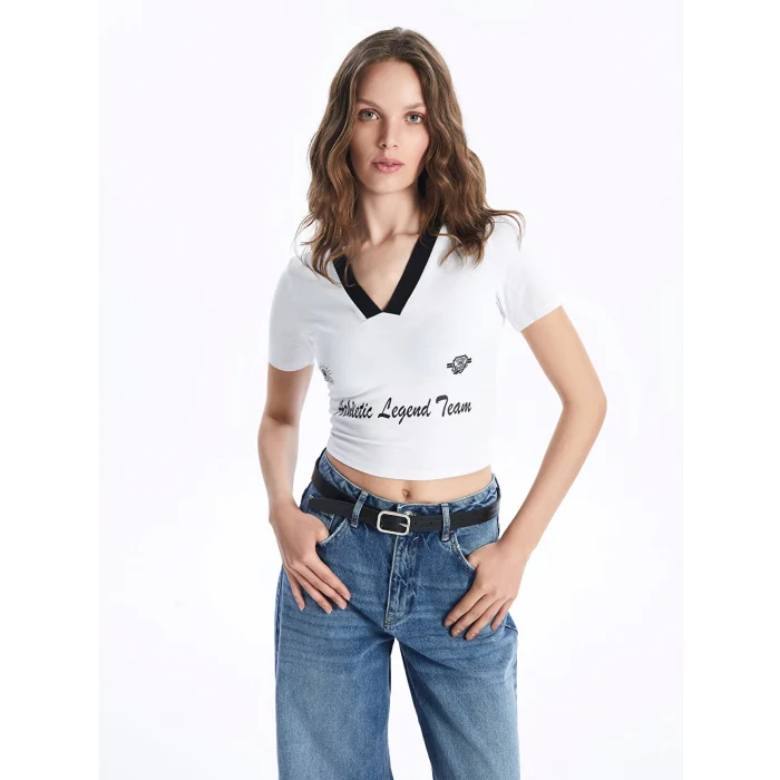 LCW Vision Beyaz V Yaka Baskılı Kısa Kollu Kadın Crop
