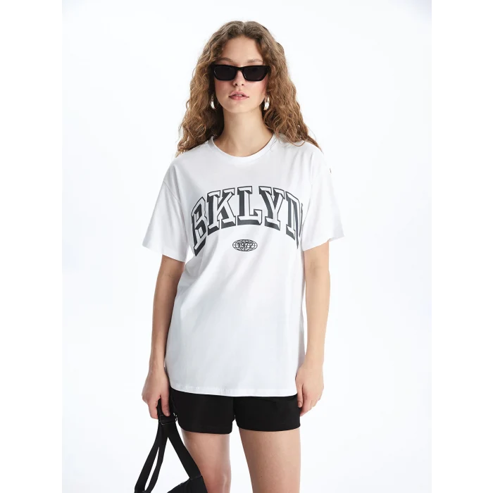 XSIDE Ekru Bisiklet Yaka Baskılı Kısa Kollu Kadın Tişört