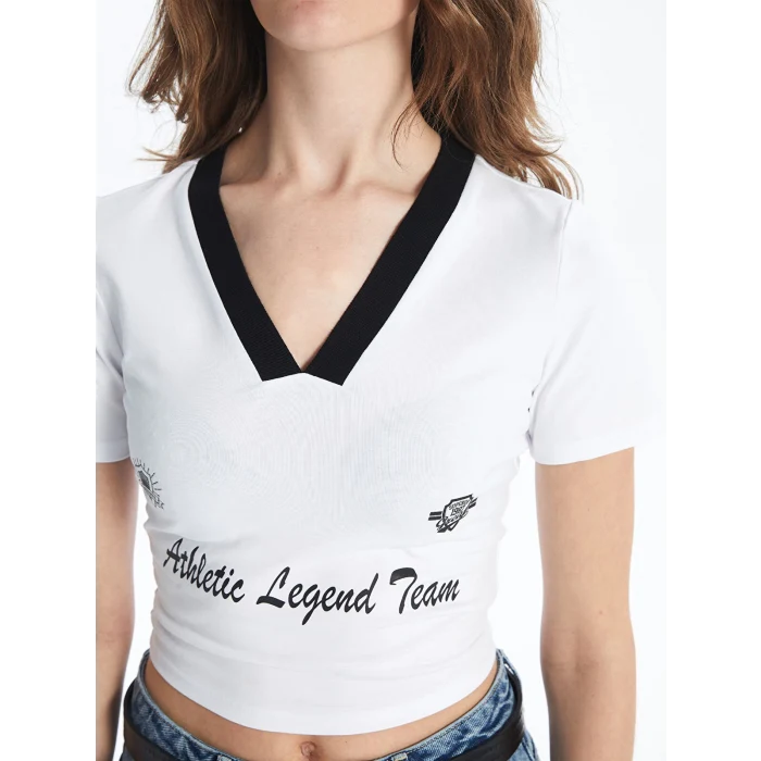 LCW Vision Beyaz V Yaka Baskılı Kısa Kollu Kadın Crop