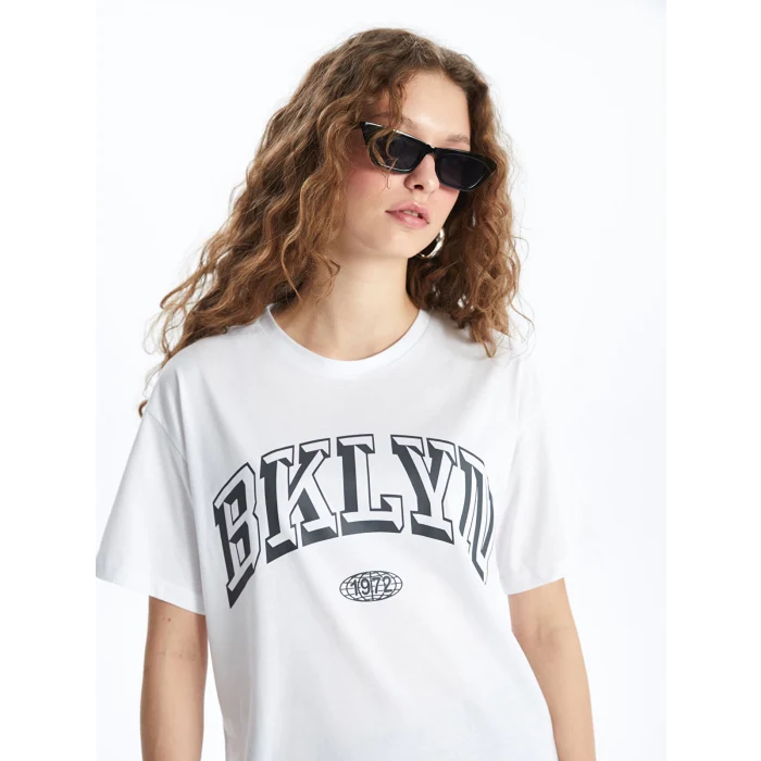 XSIDE Ekru Bisiklet Yaka Baskılı Kısa Kollu Kadın Tişört