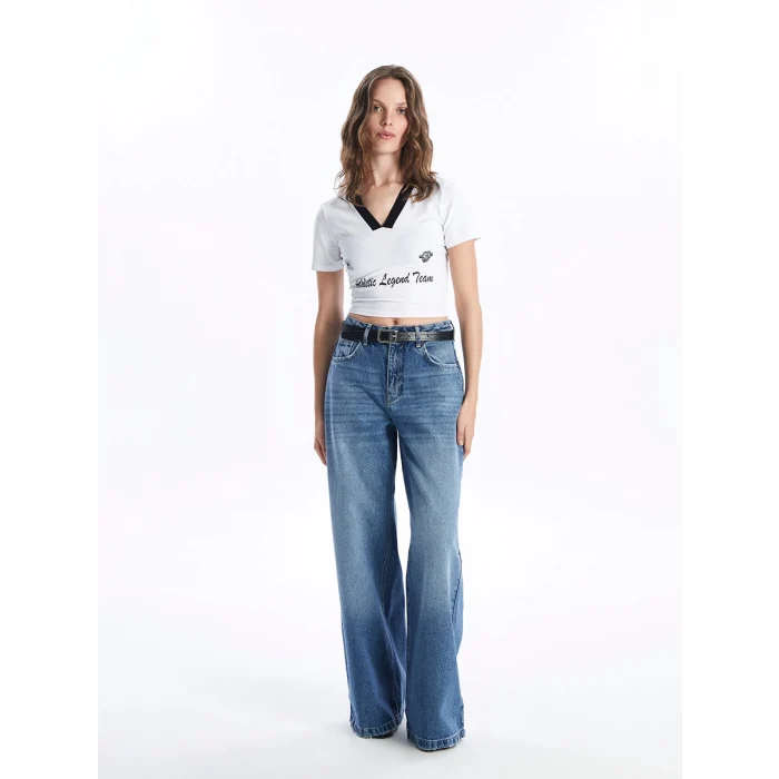 LCW Vision Beyaz V Yaka Baskılı Kısa Kollu Kadın Crop