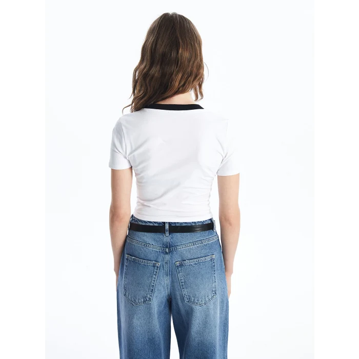 LCW Vision Beyaz V Yaka Baskılı Kısa Kollu Kadın Crop