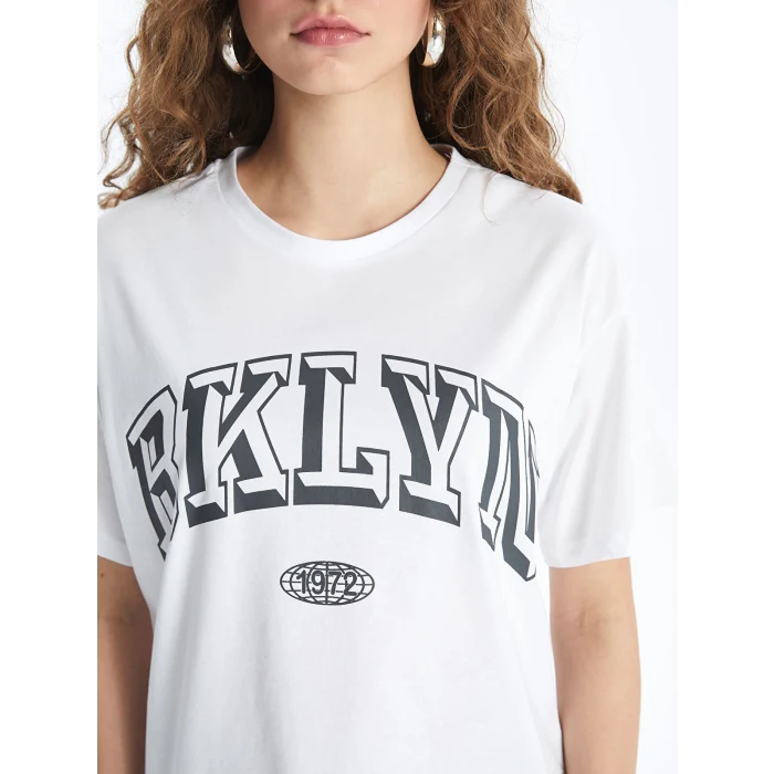 XSIDE Ekru Bisiklet Yaka Baskılı Kısa Kollu Kadın Tişört