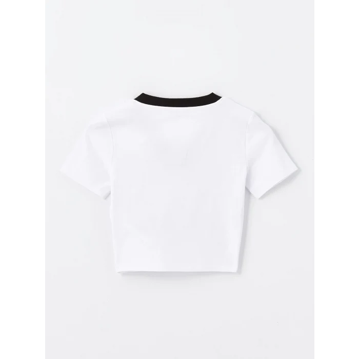 LCW Vision Beyaz V Yaka Baskılı Kısa Kollu Kadın Crop