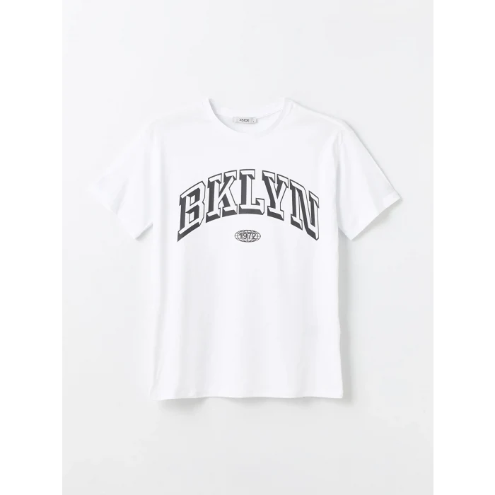 XSIDE Ekru Bisiklet Yaka Baskılı Kısa Kollu Kadın Tişört