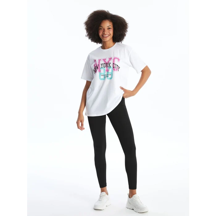 XSIDE ACTIVE Beyaz Bisiklet Yaka Baskılı Kısa Kollu Kadın Tişört