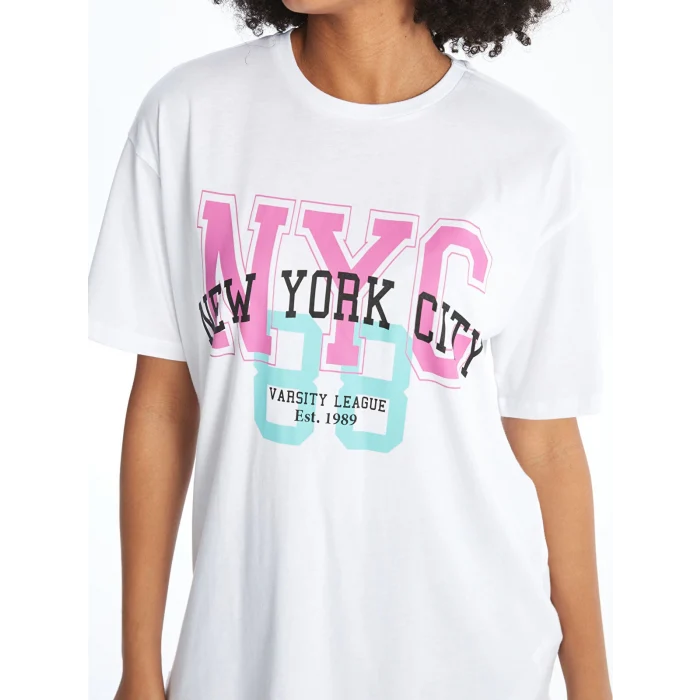 XSIDE ACTIVE Beyaz Bisiklet Yaka Baskılı Kısa Kollu Kadın Tişört