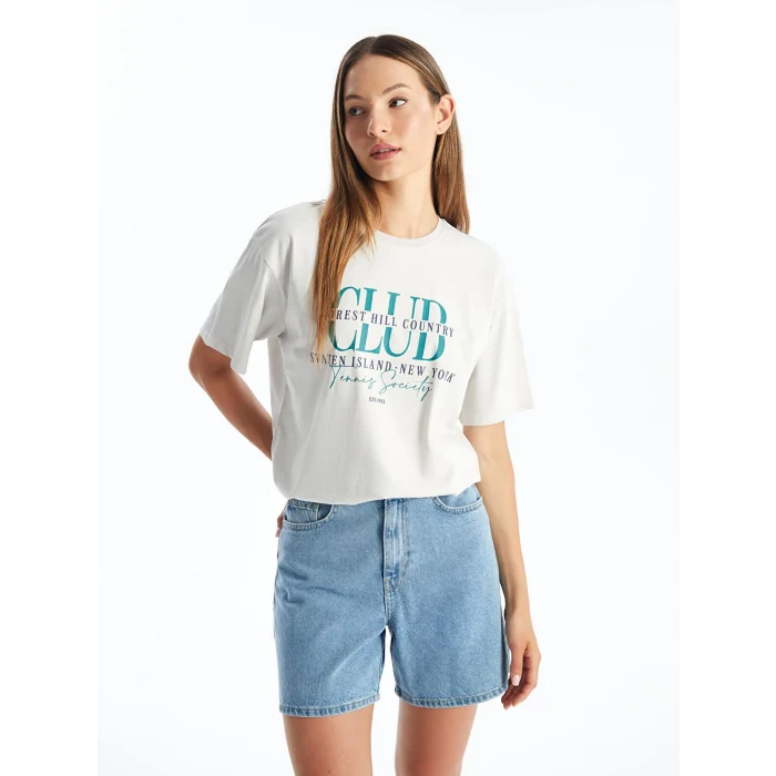 LCW Vision Gri Bisiklet Yaka Baskılı Kısa Kollu Oversize Kadın Tişört